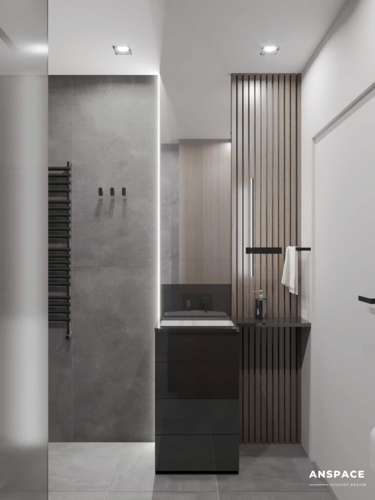 mała łazienka beton i drewno