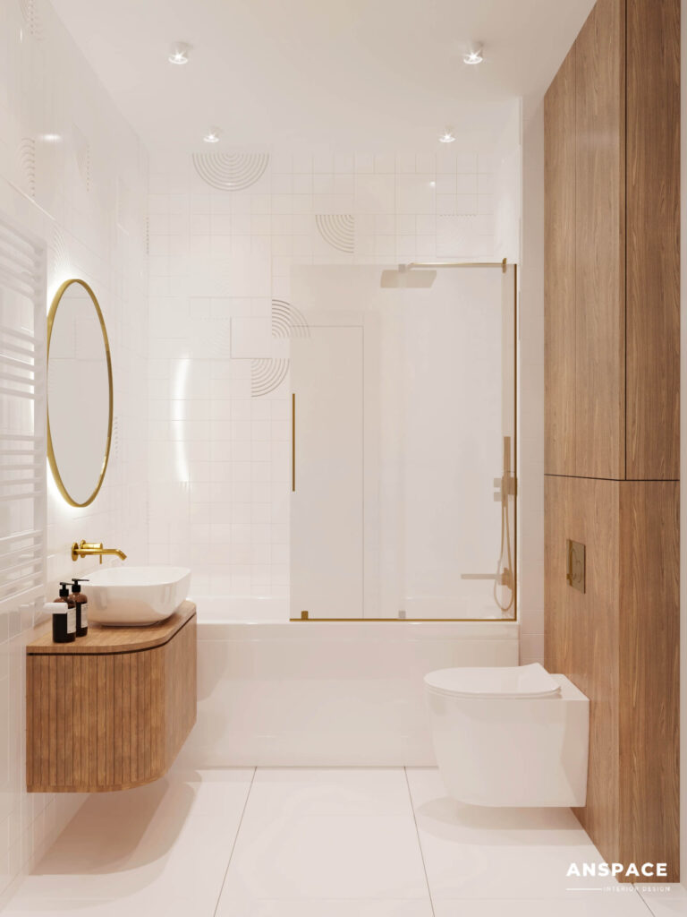 łazienka biała z drewnem prysznic