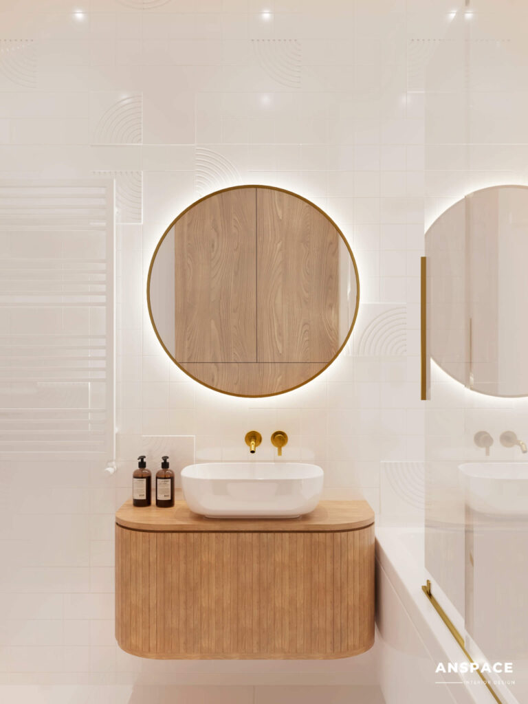 łazienka biała z drewnem prysznic