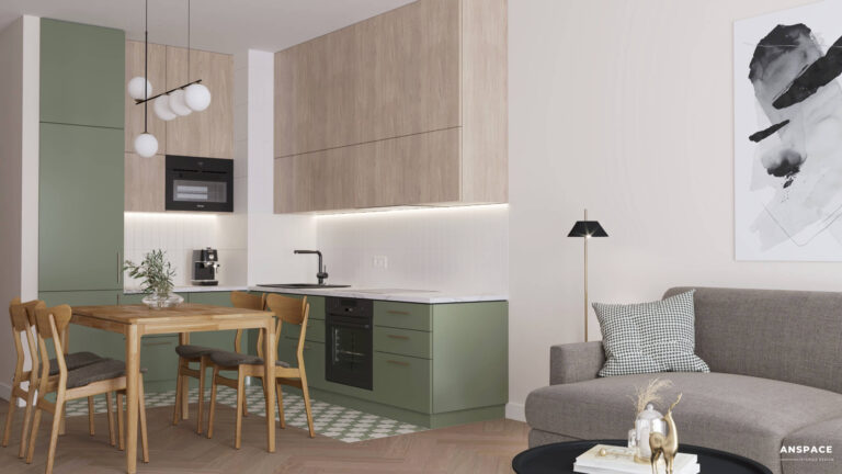 kuchnia zielona z drewnem